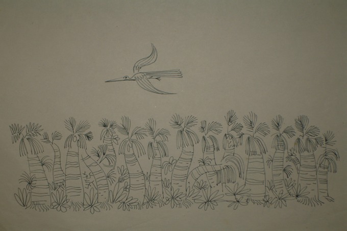 Pelcan Flying over Palm Trees (Pen & Ink) 1940-50's