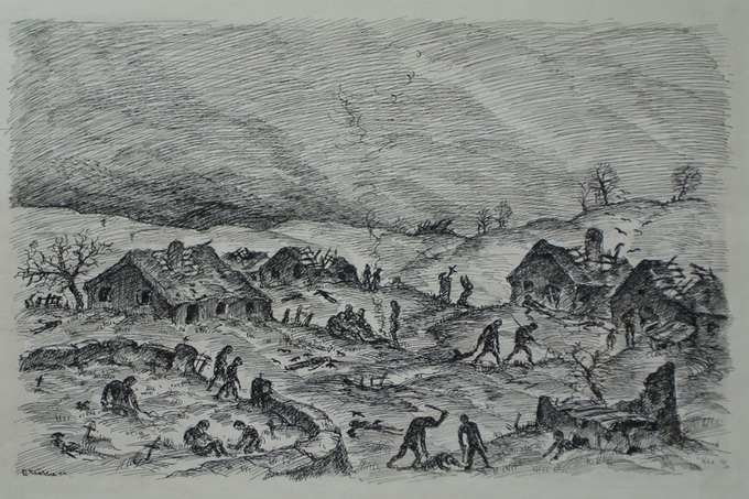 Pen & Ink illustration (Farming community in ruins) Dortmund Art School 1922